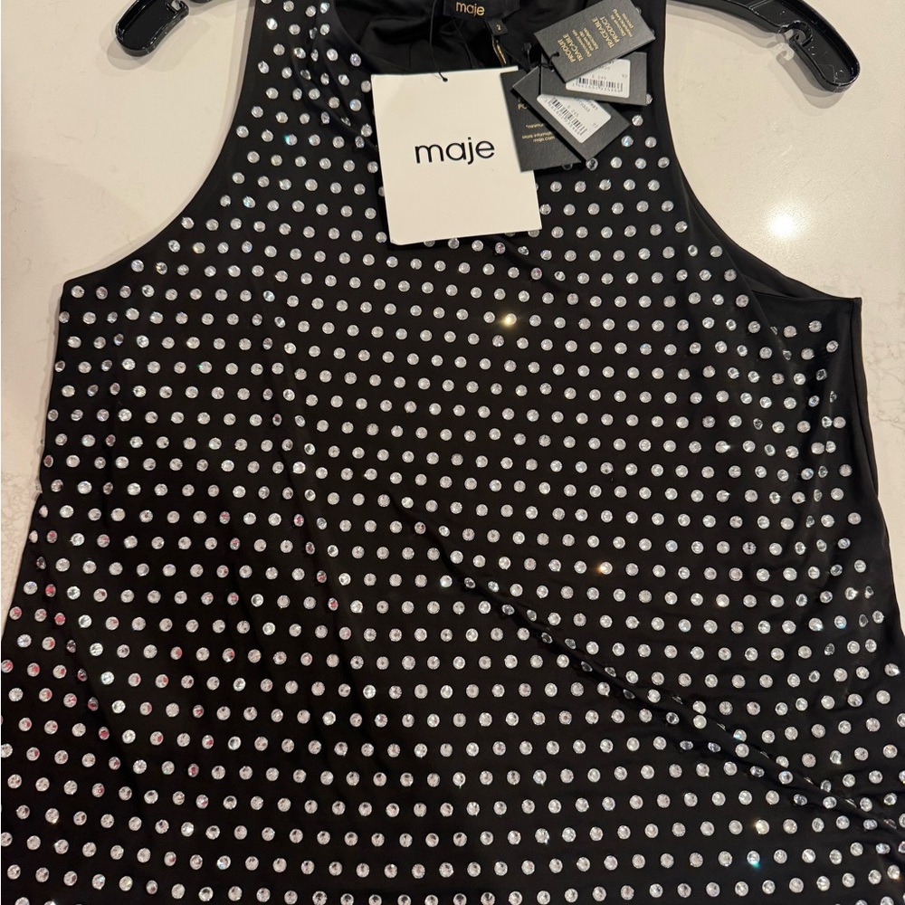 Maje Black Sleeveless Top with Silver Embellishments